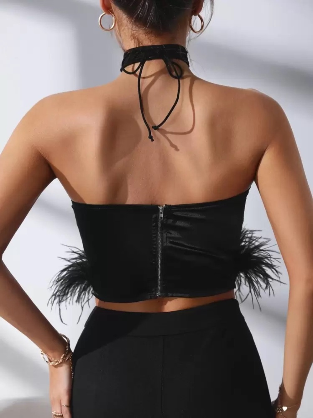 SHEIN black halter top with feather trim - Picture 2 of 6